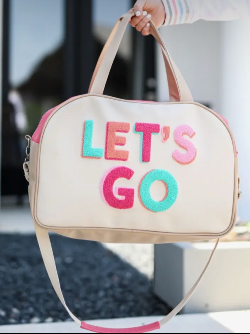 LET'S GO Cream Tote Bag with Pink & Aqua Lettering